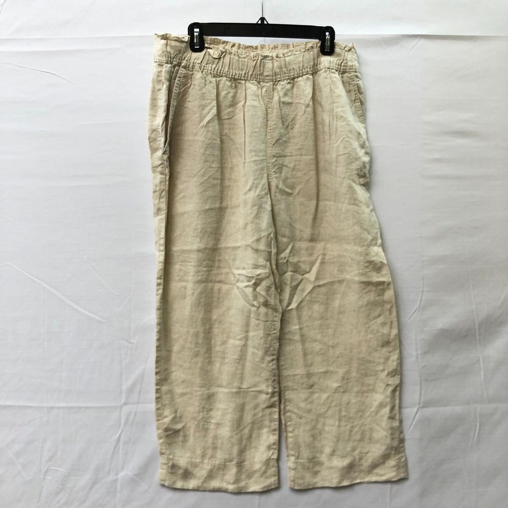 100% Linen Khaki Cropped High Rise Pull On Pants L